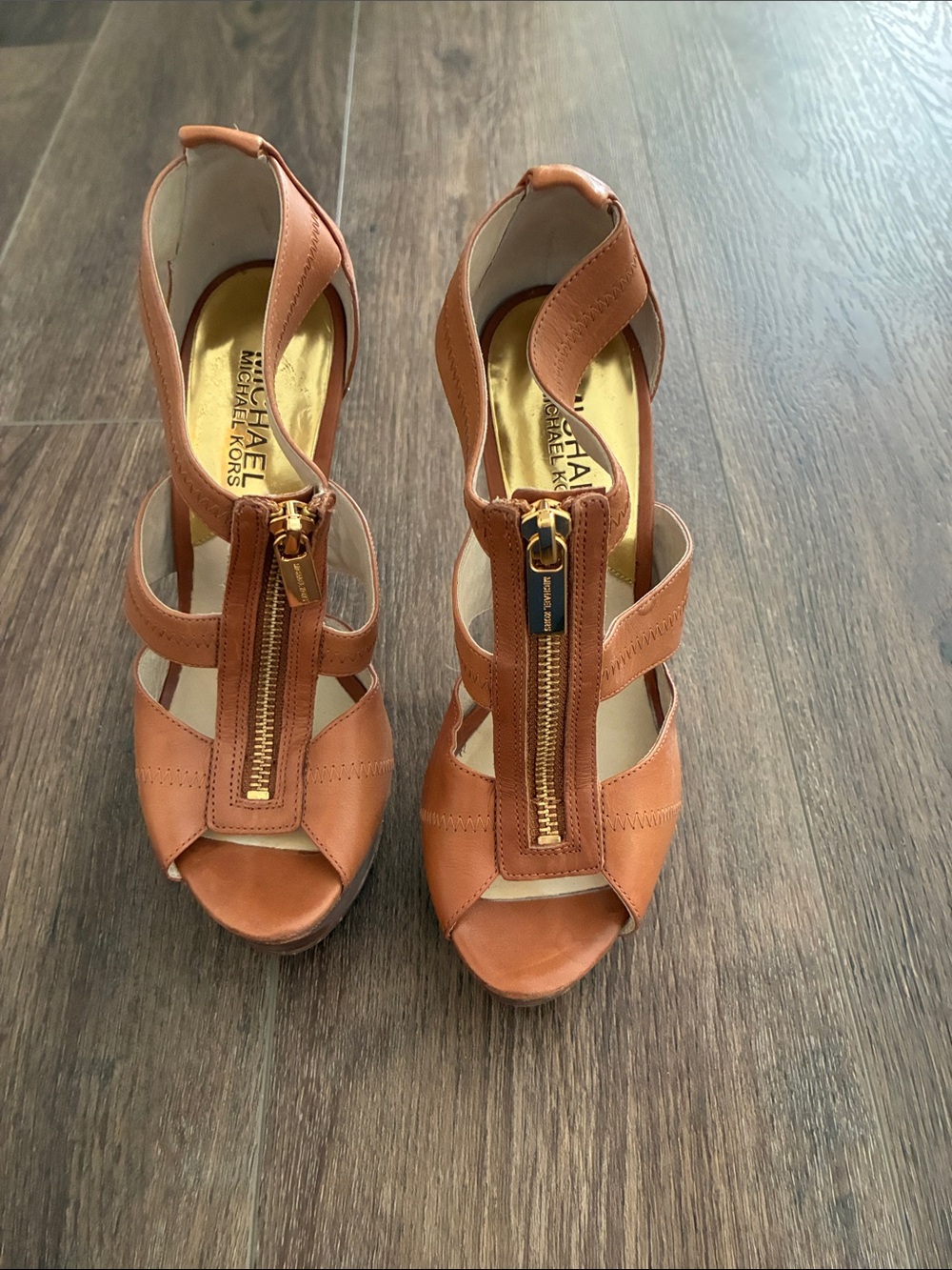 Michael Kors Cognac Leather Zip-Strap Heeled Sandals